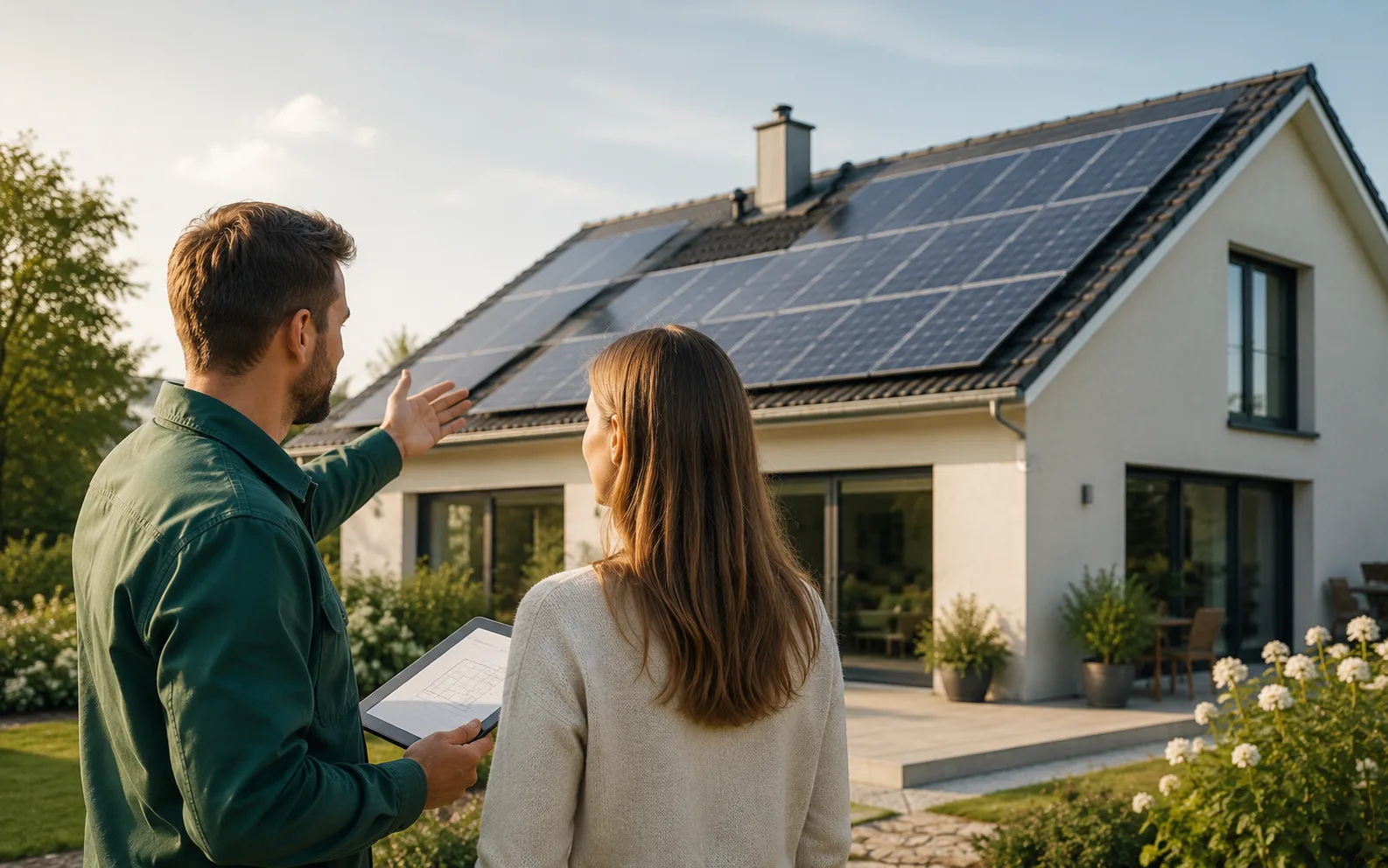 Solarangebot und Photovoltaik-Daten prüfen Photovoltaik-Angebotscheck mit Haus, Solarmodulen und Checkliste